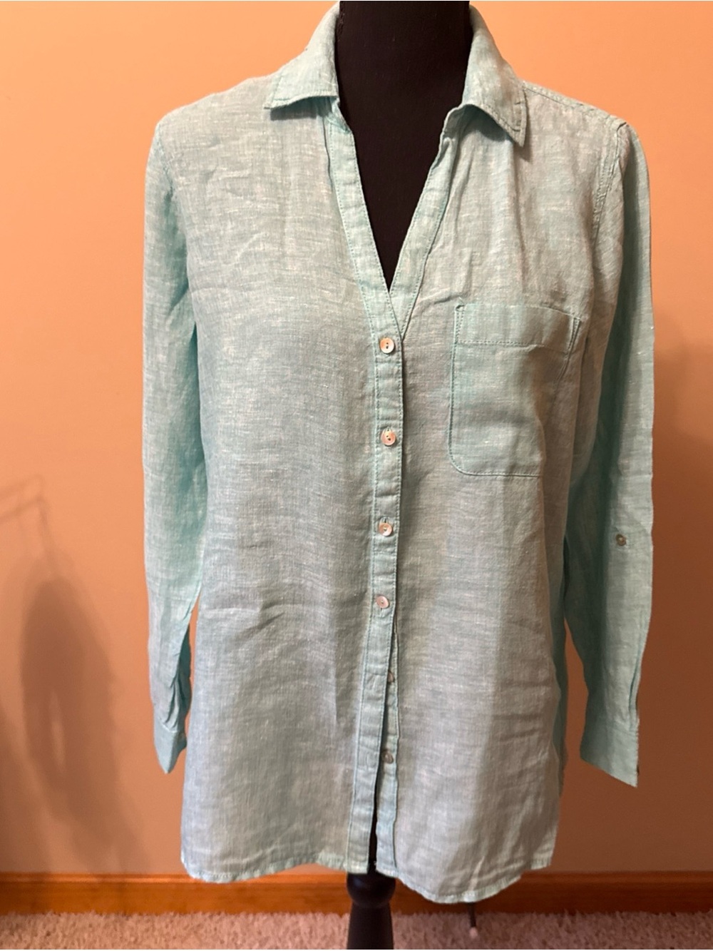 Sigrid Olsen Light Aqua Button-Up Linen Blouse
